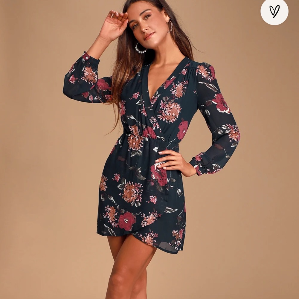 Long Sleeve Navy Blue Floral Print Midi Dress